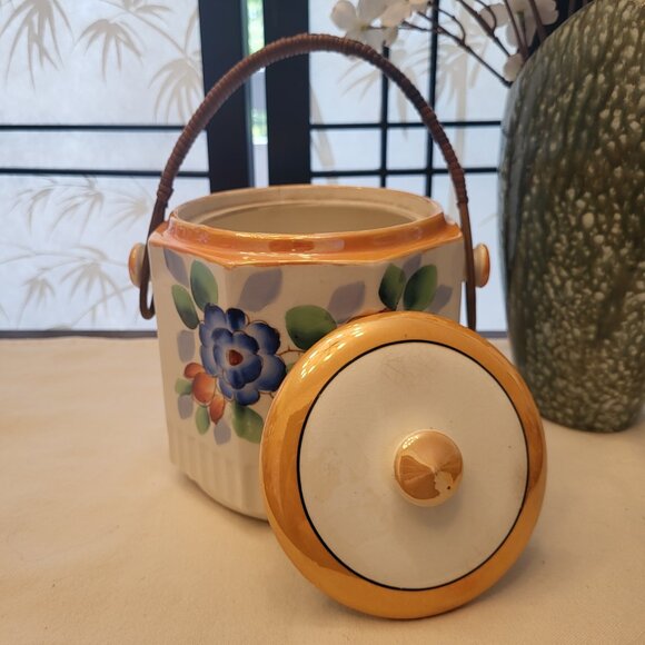 Vintage Iridescent Floral Lustre Ware Biscuit Barrel Cookie Jar w/ Rattan Handle - Picture 2 of 9